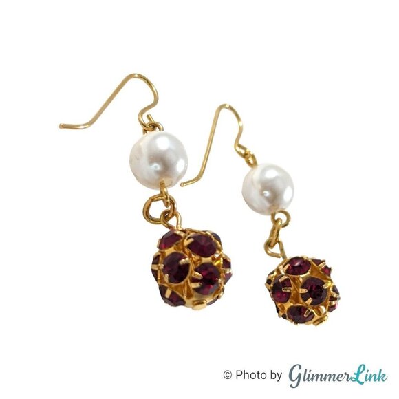 Vintage Tiered Red Rhinestone Ball Faux Pearl Gold Tone Dangle Earrings - Picture 4 of 9